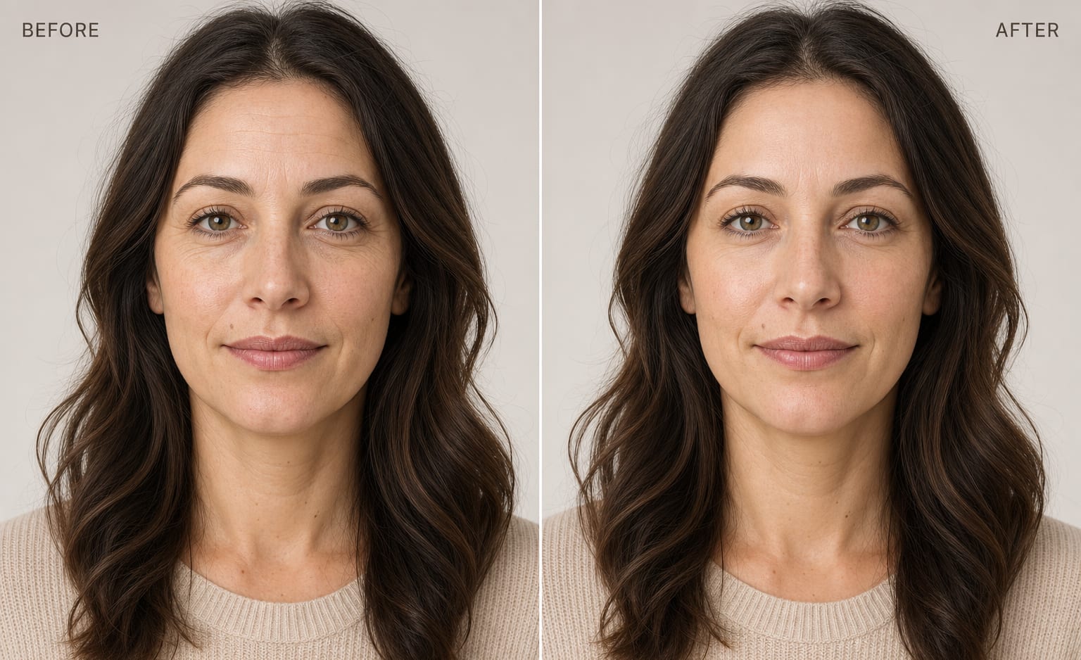 Before and after of softened forehead and eye-area lines
